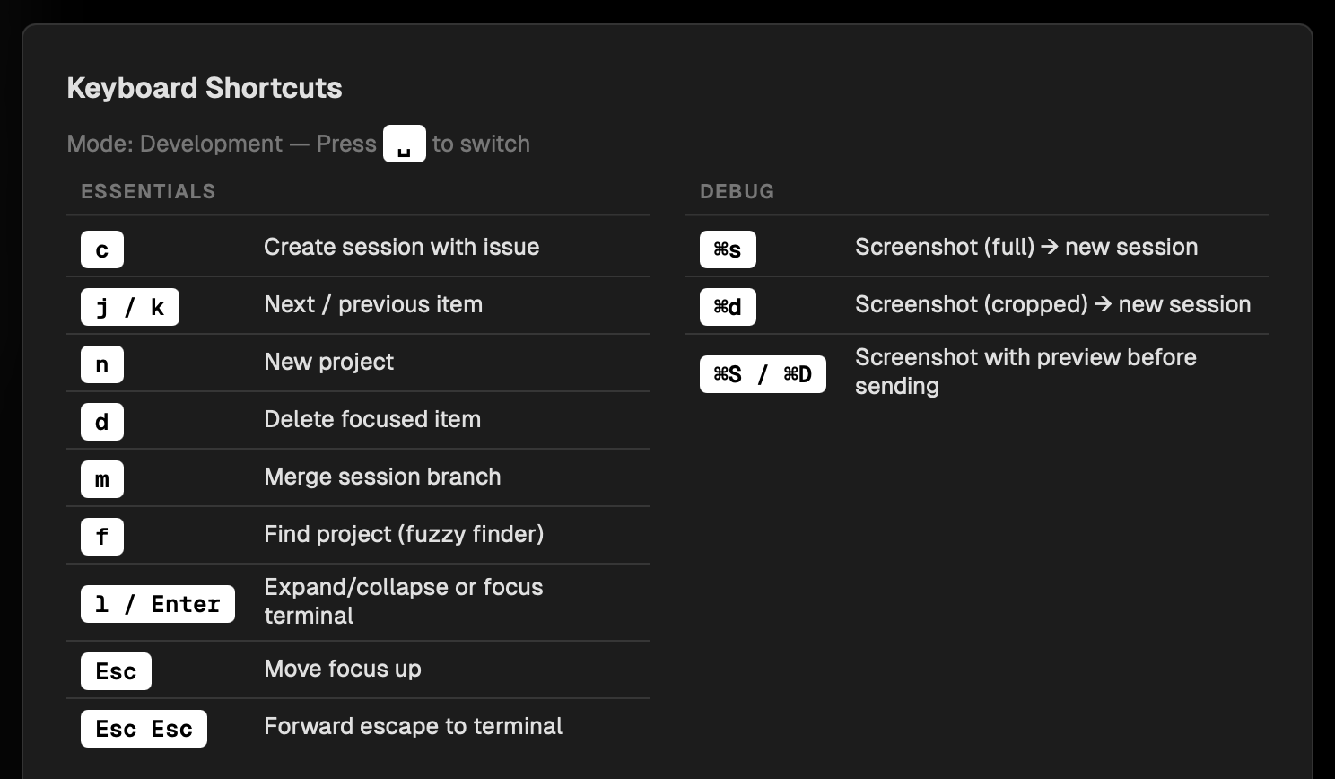 The Controller help menu showing keyboard shortcuts for essentials and debug